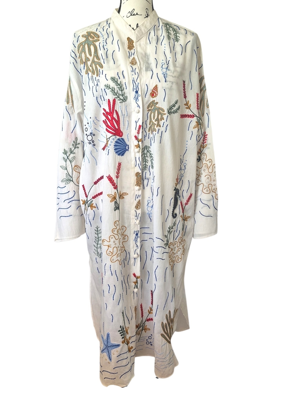 Zara Sea Life Embroidered Shirt Dress XL White Cotton Beach Cover Up Resortcore - Picture 4 of 13